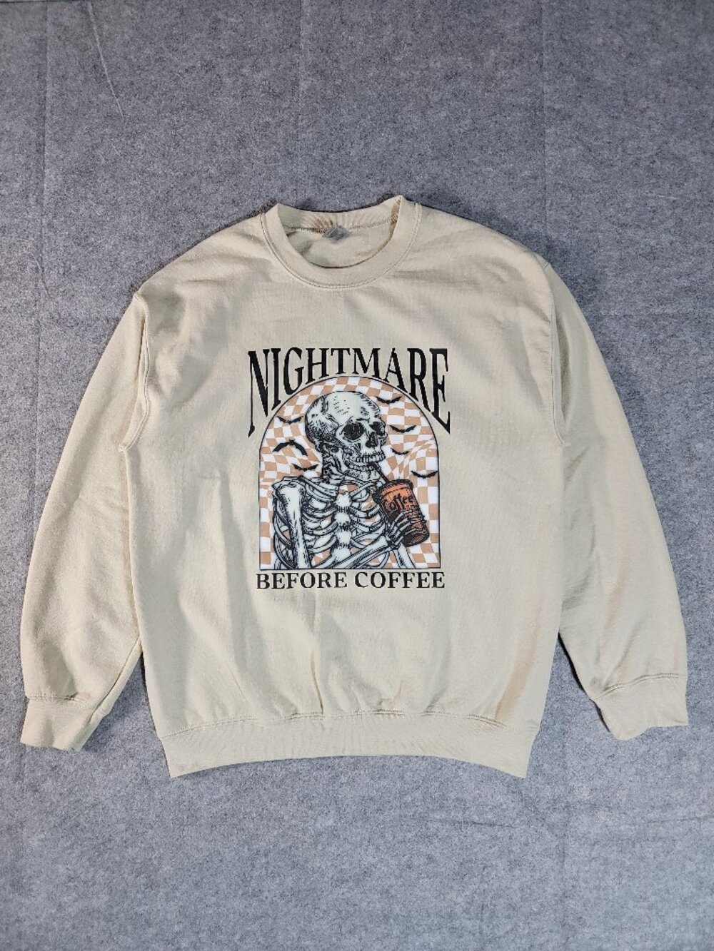 Gildan Cream Nightmare Before Coffee Skeleton Graphic Crewneck Sweatshirt M